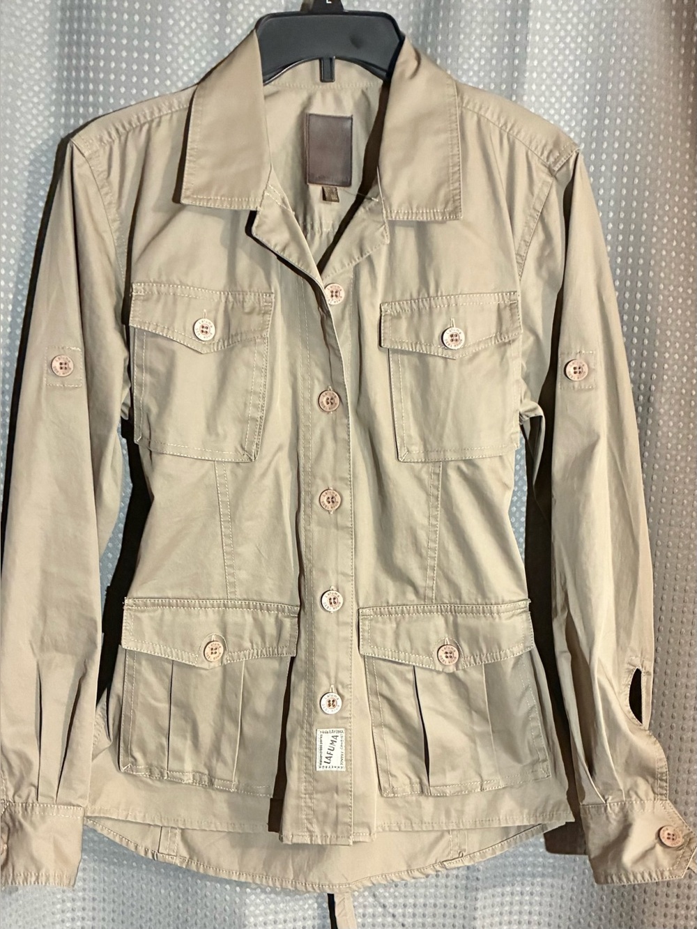 Lafuma 100% Cotton Womans Cargo Jacket Sz M Khaki Belted Signed Buttons Pockets